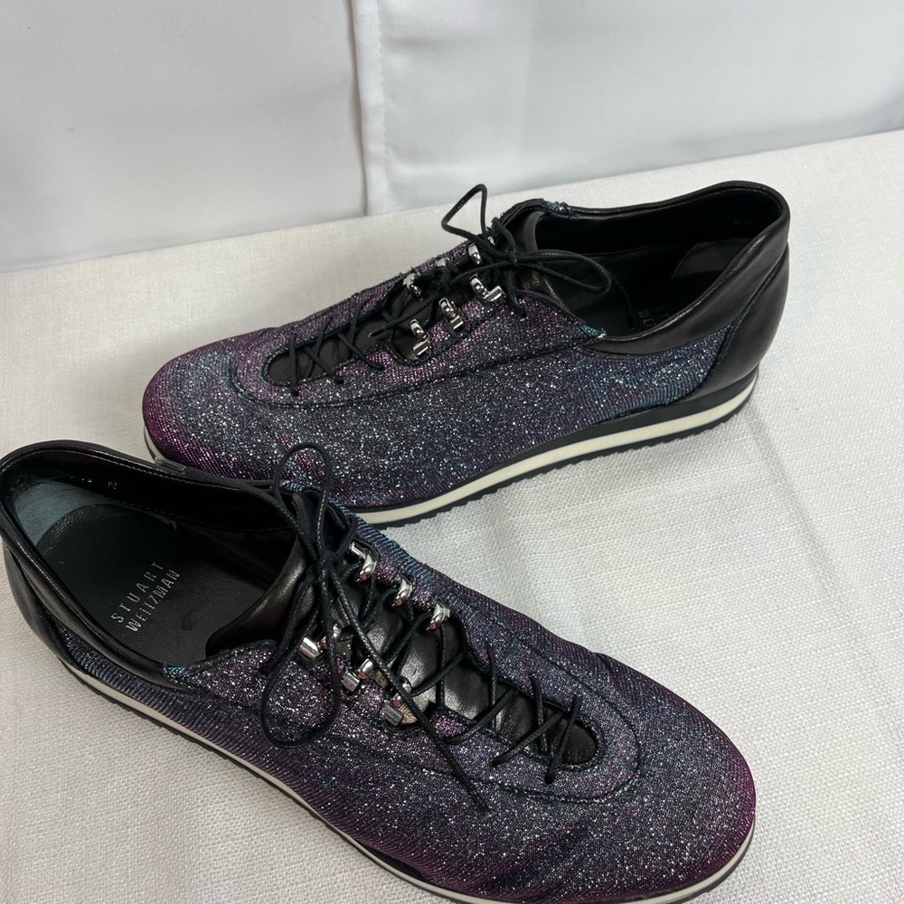 Stuart Weitzman Womens Purple Glitter Shiny Low Top Lace Up Sneakers Shoes 7.5N